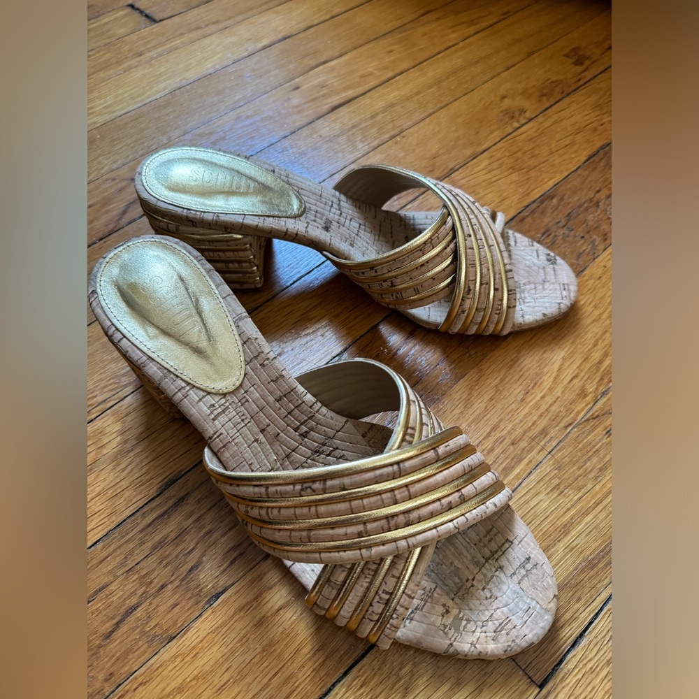 SCHUTZ cork and gold leather mules, GREAT condition!